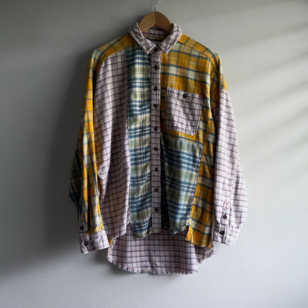 BDG Mixed Plaid Patchwork Oversized Flannel Shirt Womens Medium Yellow Pink Boho - Picture 2 of 12